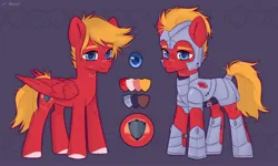 Size: 3228x1943 | Tagged: safe, artist:shelti, derpibooru import, oc, unofficial characters only, pegasus, pony, armor, colored hooves, colored pupils, commission, folded wings, image, jpeg, looking at you, male, purple background, reference sheet, royal guard armor, scar, simple background, smiling, stallion, standing, wings