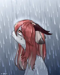 Size: 2000x2500 | Tagged: safe, artist:shelti, derpibooru import, oc, unofficial characters only, pony, colored pupils, commission, female, floppy ears, frown, horn, image, jpeg, looking up, outdoors, rain, sad, sitting, sky, solo, wet, wet mane