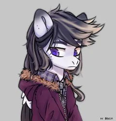 Size: 1905x1991 | Tagged: safe, artist:shelti, derpibooru import, oc, unofficial characters only, pegasus, pony, clothes, colored pupils, commission, folded wings, frown, gradient ears, gray background, image, jacket, jewelry, jpeg, long sleeves, looking back, male, necklace, shirt, simple background, solo, stallion, undershirt, wings