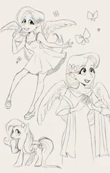 Size: 1303x2048 | Tagged: safe, artist:misskali7, derpibooru import, fluttershy, butterfly, human, insect, pegasus, pony, chromatic aberration, clothes, dress, female, flower, flower in hair, humanized, image, jpeg, monochrome, sketch, traditional art, winged humanization, wings