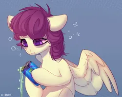 Size: 2500x2000 | Tagged: safe, artist:shelti, derpibooru import, oc, unofficial characters only, pegasus, pony, bags under eyes, blue background, bust, can, colored pupils, commission, drink, dripping, female, frown, hoof hold, image, jpeg, mare, partially open wings, simple background, sitting, solo, spilling, tired, wings