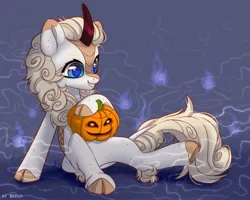 Size: 2500x2000 | Tagged: safe, artist:shelti, derpibooru import, oc, unofficial characters only, kirin, art trade, cloven hooves, colored pupils, female, grin, halloween, holiday, horn, image, jack-o-lantern, jpeg, kirin horn, leg fluff, leonine tail, pumpkin, scales, sitting, smiling, solo, tail