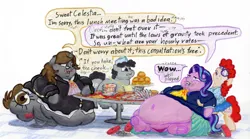 Size: 3367x1873 | Tagged: suggestive, artist:white-eyed vireo, derpibooru import, starlight glimmer, truffle shuffle, twist, oc, oc:sonata, earth pony, pony, unicorn, derpibooru, belly, big belly, bingo wings, burger, butt, chubby cheeks, clothes, cute, dialogue, diner, diner uniform, double chin, drawing, dress, elements of justice, fat, fat fetish, fetish, food, furniture abuse, glimmerbetes, hay burger, huge belly, huge butt, image, jpeg, large butt, meta, morbidly obese, multichin, obese, older, panties, rolls of fat, suit, traditional art, turnabout storm, underwear
