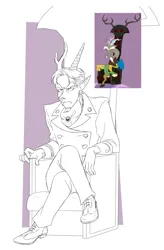 Size: 2592x3960 | Tagged: safe, artist:misskali7, derpibooru import, discord, human, the return of harmony, clothes, elf ears, frown, horn, horned humanization, humanized, image, jpeg, male, monochrome, scene interpretation, screencap reference, solo, suit, throne
