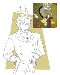 Size: 2024x2514 | Tagged: safe, artist:misskali7, derpibooru import, discord, human, clothes, elf ears, frown, hand on hip, horn, horned humanization, humanized, image, jpeg, male, monochrome, scene interpretation, screencap reference, solo, suit