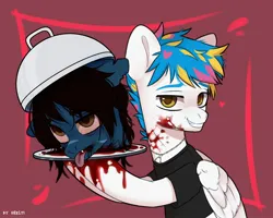Size: 2500x2000 | Tagged: semi-grimdark, artist:shelti, derpibooru import, oc, ponified, ponified:oliver sykes, pegasus, pony, undead, zombie, zombie pony, awsten knight, blood, bring me the horizon, clothes, colored pupils, commission, disembodied head, dripping blood, dyed mane, fangs, floppy ears, folded wings, grin, heterochromia, hoof hold, horseshoes, image, implied murder, jewelry, jpeg, male, necklace, plate, red background, shirt, simple background, smiling, stallion, t-shirt, tongue out, torn ear, waterparks, wings