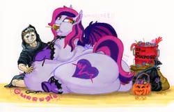 Size: 3664x2355 | Tagged: suggestive, artist:white-eyed vireo, derpibooru import, oc, oc:arrhythmia, oc:e, unofficial characters only, bat pony, human, pony, bat butt, bbw, butt, candy, caramel apple (food), chubby, clothes, costume, extra thicc, fat, fat bat butt, female, food, grope, halloween, halloween costume, holiday, huge butt, image, jpeg, large butt, looking back, mare, plot, socks, the ass was fat, thick, underhoof, wide hips