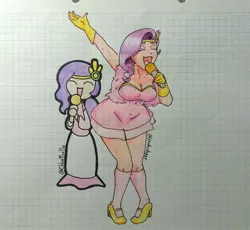 Size: 1942x1788 | Tagged: safe, artist:chloetheturtle1, artist:jackudoggy, derpibooru import, pipp petals, human, belly button, breasts, busty pipp petals, cartoon, clothes, collaboration, dress, g5, graph paper, humanized, image, jpeg, light skin, microphone, singing, traditional art, wide hips