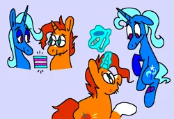 Size: 1316x900 | Tagged: safe, artist:msponies, derpibooru import, sunburst, trixie, pony, unicorn, bandaid, coat markings, duo, duo male and female, estrogen, female, friendshipping, g4, glasses, glow, glowing horn, horn, image, levitation, lidded eyes, looking at each other, looking at someone, looking down, magic, magic aura, male, mare, ms paint, png, ponytail, pride, pride flag, raised hoof, simple background, smiling, socks (coat marking), stallion, stubble, syringe, tail, telekinesis, trans female, trans male, trans trixie, transgender, transgender pride flag