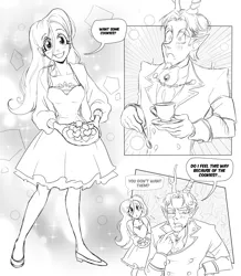 Size: 3048x3500 | Tagged: safe, artist:misskali7, derpibooru import, discord, fluttershy, human, 2023, armband, clothes, comic, cookie, cup, discoshy, dress, duo, elf ears, female, food, grayscale, heart, horn, horned humanization, humanized, image, jpeg, male, monochrome, shipping, sketch, smiling, straight, suit, teacup