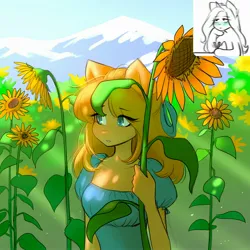 Size: 2480x2480 | Tagged: safe, artist:katputze, derpibooru import, oc, oc:crimson sunset, anthro, earth pony, clothes, dress, female, flower, image, jpeg, redraw, solo, sundress, sunflower