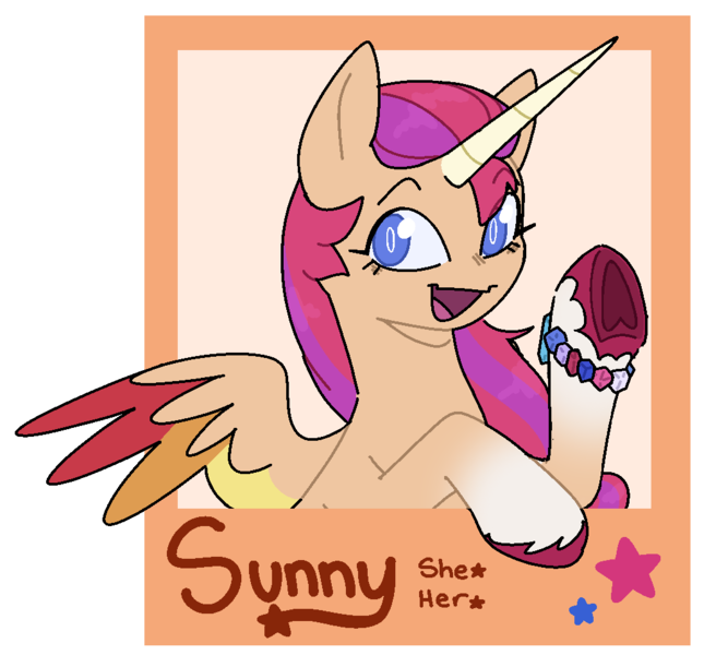 Size: 1038x966 | Tagged: safe, artist:orionofthestars, derpibooru import, sunny starscout, alicorn, pony, bracelet, cute, female, g5, horn, image, jewelry, looking at you, mare, open mouth, png, signature, solo, stars, sunnybetes, wings