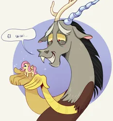 Size: 3296x3532 | Tagged: safe, artist:misskali7, derpibooru import, discord, fluttershy, draconequus, pegasus, pony, el wiwi, figurine, floppy ears, image, jpeg, smiling, solo, speech bubble