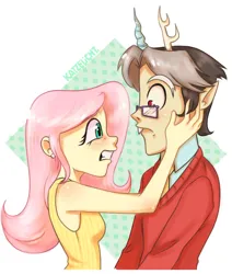 Size: 1280x1509 | Tagged: safe, artist:misskali, derpibooru import, discord, fluttershy, human, discordant harmony, clothes, discoshy, duo, elf ears, female, glasses, hand on face, horn, horned humanization, humanized, image, male, png, scene interpretation, shipping, straight, sweater