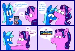 Size: 1316x900 | Tagged: safe, artist:msponies, derpibooru import, starlight glimmer, trixie, pony, unicorn, 4 panel comic, comic, confused, dialogue, eyebrows, female, flirting, g4, hoof hold, image, lesbian, lidded eyes, mare, movie, ms paint, open mouth, open smile, png, raised eyebrow, shipping, smiling, speech bubble, startrix, the adventures of sharkboy and lavagirl in 3-d