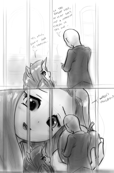 Size: 735x1117 | Tagged: safe, artist:alloyrabbit, derpibooru import, fluttershy, rarity, oc, oc:anon, human, pony, unicorn, 2 panel comic, apple, cage, comic, food, grayscale, human oc, image, jail, jpeg, macro, macro/micro, micro, monochrome, open mouth, shrunken pupils, talking, tiny, tiny ponies, window