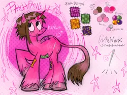 Size: 4700x3500 | Tagged: safe, artist:ihateyousyx, derpibooru import, oc, oc:patchfang, unofficial characters only, pony, unicorn, :3, brown mane, chest fluff, colored, fangs, feminine stallion, fluffy, horn, image, leg fluff, looking up, male, pink background, png, raised hoof, reference sheet, simple background, smiling, solo, stallion, stallion oc, unicorn oc