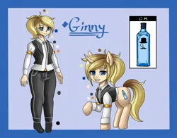 Size: 2300x1800 | Tagged: safe, artist:zach_ce, derpibooru import, oc, oc:ginny, human, pony, unicorn, bartender, image, jpeg, reference sheet