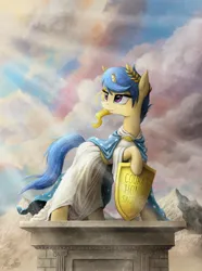 Size: 2400x3224 | Tagged: safe, artist:magfen, derpibooru import, oc, unofficial characters only, pony, unicorn, broken horn, clothes, cloud, crepuscular rays, female, horn, image, jpeg, laurel wreath, mare, mountain, pose, raised hoof, robe, shield, sky, solo, statue