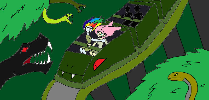 Size: 1292x619 | Tagged: safe, artist:syfyman2xxx, derpibooru import, fluttershy, rainbow dash, snake, equestria girls, image, jpeg, roller coaster