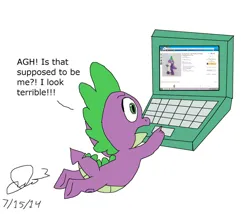 Size: 1024x877 | Tagged: safe, artist:stella-exquisa, derpibooru import, spike, dragon, computer, disappointed, image, jpeg, laptop computer, simple background, solo, text, white background