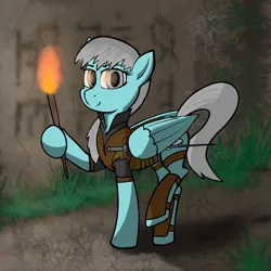 Size: 4096x4096 | Tagged: safe, artist:sprontr, derpibooru import, oc, oc:silver lining, pegasus, pony, armor, fantasy class, female, fire, image, mare, plants, png, rogue, ruins, solo, sword, torch, weapon