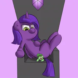 Size: 894x894 | Tagged: artist needed, suggestive, derpibooru import, oc, oc:princess sharp, unofficial characters only, alicorn, pony, unicorn, alicorn oc, butt crush, butt squish, crying, duo, evil, female, folded wings, gem, green coat, horn, image, jpeg, looking down, mare, purple background, purple coat, simple background, sitting, sitting on, sitting on person, sitting on pony, smug smile, throne, unicorn oc, wings, yellow eyes