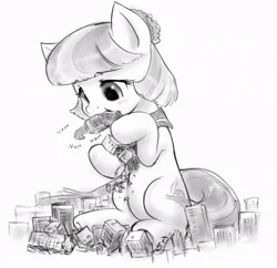 Size: 846x819 | Tagged: safe, artist:alloyrabbit, derpibooru import, coco pommel, earth pony, pony, building, city, clothes, crush fetish, destruction, eating, female, fetish, giant pony, image, jpeg, looking down, macro, macro/micro, mare, micro, nom, object vore, simple background, sitting, solo, solo female, vore, white background