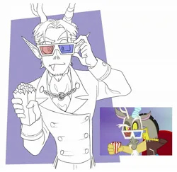 Size: 2048x1989 | Tagged: safe, artist:misskali, derpibooru import, discord, human, princess twilight sparkle (episode), 3d glasses, clothes, elf ears, food, horn, horned humanization, humanized, image, jpeg, male, partial color, popcorn, scene interpretation, screencap reference, solo, suit