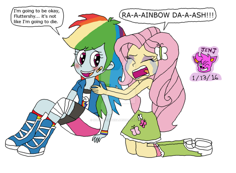 Size: 1024x750 | Tagged: safe, artist:stella-exquisa, derpibooru import, fluttershy, rainbow dash, human, equestria girls, bandage, bandaid, crying, deviantart watermark, dialogue, duo, female, flutterdash, image, injured, kneeling, lesbian, obtrusive watermark, png, screaming, shipping, simple background, sitting, transparent background, watermark