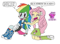 Size: 1024x750 | Tagged: safe, artist:stella-exquisa, derpibooru import, fluttershy, rainbow dash, human, equestria girls, bandage, bandaid, crying, deviantart watermark, dialogue, duo, female, flutterdash, image, injured, kneeling, lesbian, obtrusive watermark, png, screaming, shipping, simple background, sitting, transparent background, watermark