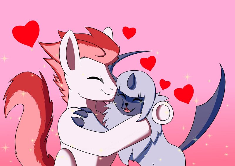 Size: 2048x1448 | Tagged: artist needed, safe, derpibooru import, oc, oc:swift apex, absol, pegasus, pony, happy, heart, hug, image, jpeg, pokémon