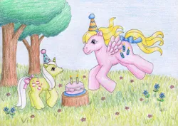 Size: 1062x752 | Tagged: safe, artist:normaleeinsane, derpibooru import, baby frosting, pony, best wishes, birthday cake, cake, female, filly, foal, food, g1, hat, image, jpeg, party hat, tree