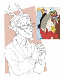 Size: 1626x2048 | Tagged: safe, artist:misskali, derpibooru import, discord, human, discordant harmony, clasped hands, clothes, elf ears, glasses, horn, horned humanization, humanized, image, jpeg, male, monochrome, necktie, open mouth, open smile, scene interpretation, screencap reference, smiling, solo, sweater