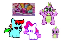 Size: 1316x900 | Tagged: safe, artist:msponies, derpibooru import, applejack, bumblesweet, cheerilee, daisy dreams, moondancer, rainbow dash, spike, sweetie belle, dragon, pegasus, pony, unicorn, chibi, fangs, februpony, female, g4, image, jpeg, male, merchandise, minty (g4), ms paint, playskool, screencap reference, smiling, toy, toy interpretation