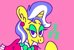Size: 1316x900 | Tagged: safe, artist:msponies, derpibooru import, upper crust, pony, unicorn, clothes, dollar sign, ear fluff, ear piercing, earring, female, g4, image, jewelry, lidded eyes, looking at you, mare, ms paint, necklace, pearl necklace, piercing, pink background, png, raised hoof, requested art, simple background, solo