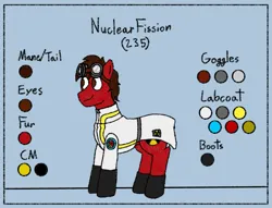 Size: 1605x1225 | Tagged: safe, alternate version, artist:nukepony360, derpibooru import, oc, oc:nuclear fission, unofficial characters only, pony, boots, clothes, full body, goggles, image, lab coat, male, png, reference sheet, shoes, simple background, solo, stallion