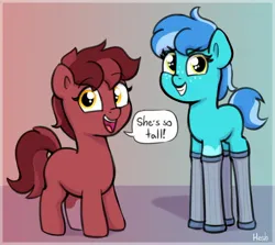 Size: 2492x2224 | Tagged: safe, artist:heretichesh, derpibooru import, oc, oc:raspberry toffy, unofficial characters only, earth pony, pony, cute, duo, female, filly, foal, freckles, grin, high res, image, jpeg, looking at you, mare, ocbetes, open mouth, open smile, smiling, smiling at you, speech bubble, stilts