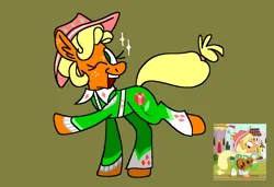 Size: 1316x900 | Tagged: safe, artist:msponies, derpibooru import, applejack, earth pony, pony, sparkle's seven, apple chord, clothes, extended trot pose, februpony, female, freckles, g4, guitar, hat, image, mare, ms paint, musical instrument, one eye closed, outfit, png, raised hoof, raised leg, screencap reference, simple background, solo, sparkles, tail, wink