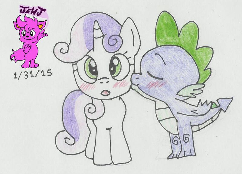 Size: 1024x740 | Tagged: safe, artist:stella-exquisa, derpibooru import, spike, sweetie belle, dragon, pony, unicorn, blushing, duo, female, image, jpeg, kiss on the cheek, kissing, male, shipping, simple background, spikebelle, straight, surprise kiss, traditional art, white background