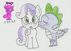 Size: 1024x740 | Tagged: safe, artist:stella-exquisa, derpibooru import, spike, sweetie belle, dragon, pony, unicorn, blushing, duo, female, image, jpeg, kiss on the cheek, kissing, male, shipping, simple background, spikebelle, straight, surprise kiss, traditional art, white background
