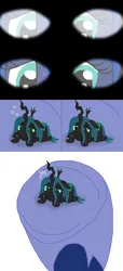 Size: 602x1325 | Tagged: safe, artist:final7darkness, derpibooru import, princess luna, queen chrysalis, changeling, changeling queen, pony, comic:the shrunken changeling ruler, blurry, confused, dizzy, female, giant pony, hoof shoes, image, in goliath's palm, looking at you, macro, macro/micro, micro, offscreen character, png, pov, scared, shrunken pupils, size difference, sweat, sweatdrop, terrified, underhoof, vision