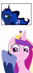 Size: 602x1325 | Tagged: safe, artist:final7darkness, derpibooru import, princess cadance, princess luna, queen chrysalis, pony, comic:the shrunken changeling ruler, 2 panel comic, comic, devious, devious smile, dreamworks face, eyebrows, giant pony, holding a pony, hoof shoes, image, in goliath's palm, looking at someone, macro, macro/micro, micro, png, raised eyebrow, scared, simple background, size difference, smiling, sweat, sweatdrops, terrified, underhoof, white background