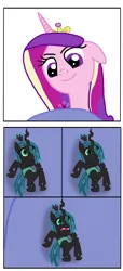 Size: 602x1325 | Tagged: safe, artist:final7darkness, derpibooru import, princess cadance, princess luna, queen chrysalis, changeling, changeling queen, pony, comic:the shrunken changeling ruler, crying, devious, devious smile, fangs, female, giant pony, hoof shoes, image, looking at someone, looking down, looking up, macro, macro/micro, micro, open mouth, png, scared, shrunk, simple background, teary eyes, terrified, underhoof, white background