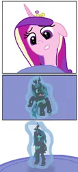 Size: 602x1325 | Tagged: safe, artist:final7darkness, derpibooru import, princess cadance, princess luna, queen chrysalis, pony, comic:the shrunken changeling ruler, crying, giant pony, glow, hoof shoes, image, levitation, looking down, looking up, macro, macro/micro, magic, micro, png, simple background, size difference, teary eyes, telekinesis, white background, worried