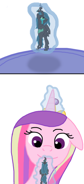 Size: 602x1325 | Tagged: safe, artist:final7darkness, derpibooru import, princess cadance, queen chrysalis, pony, comic:the shrunken changeling ruler, crying, giant pony, glow, glowing horn, happy, holding a pony, hoof shoes, horn, image, levitation, looking down, looking up, macro, macro/micro, magic, micro, png, smiling, teary eyes, telekinesis, underhoof