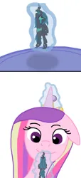 Size: 602x1325 | Tagged: safe, artist:final7darkness, derpibooru import, princess cadance, queen chrysalis, pony, comic:the shrunken changeling ruler, crying, giant pony, glow, glowing horn, happy, holding a pony, hoof shoes, horn, image, levitation, looking down, looking up, macro, macro/micro, magic, micro, png, smiling, teary eyes, telekinesis, underhoof