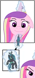 Size: 602x1325 | Tagged: safe, artist:final7darkness, derpibooru import, princess cadance, queen chrysalis, changeling, changeling queen, comic:the shrunken changeling ruler, devious, devious smile, evil grin, female, glow, glowing horn, grin, happy, horn, image, jewelry, levitation, looking down, looking up, macro, macro/micro, magic, micro, oh no, png, purple eyes, regalia, smiling, telekinesis, you dun goofed