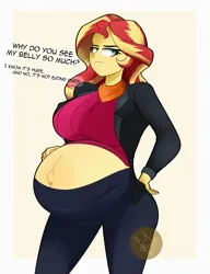 Size: 2000x2600 | Tagged: safe, artist:diamondgreenanimat0, derpibooru import, sunset shimmer, human, equestria girls, belly, belly button, big belly, breasts, busty sunset shimmer, clothes, dialogue, female, hand on hip, hips, image, looking at you, outie belly button, png, pregnant, red hair, second version, simple background, yellow background, yellow hair