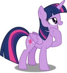 Size: 855x935 | Tagged: source needed, safe, artist:dashiesparkle, derpibooru import, twilight sparkle, twilight sparkle (alicorn), alicorn, pony, folded wings, hoof on chin, image, looking up, open mouth, png, purple eyes, raised hoof, shadow, simple background, solo, standing, thinking, transparent background, wings